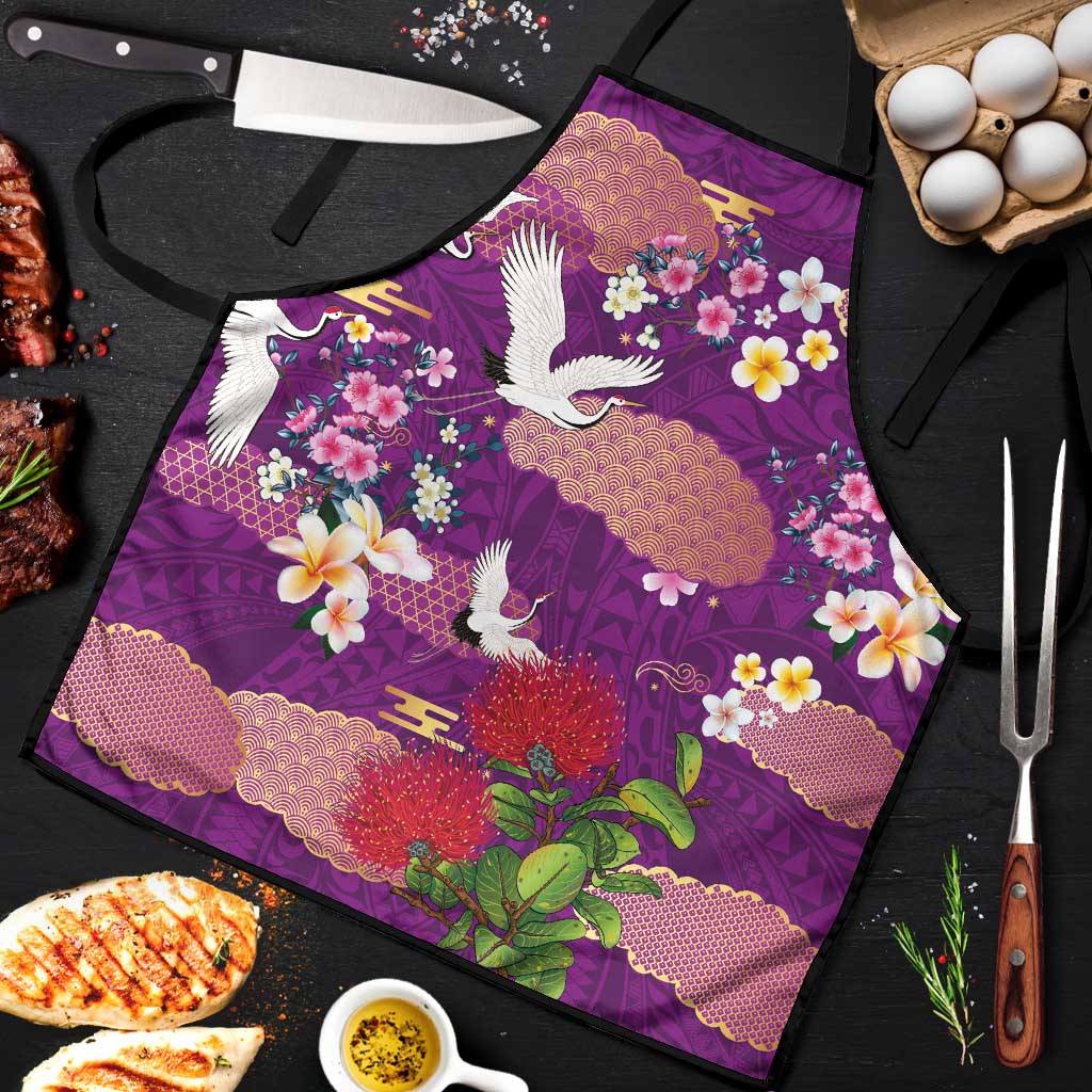 Hawaiian and Japanese Culture Together Apron Purple Ohia Lehua Plumeria and Sakura Blooming LT03 Purple - Polynesian Pride