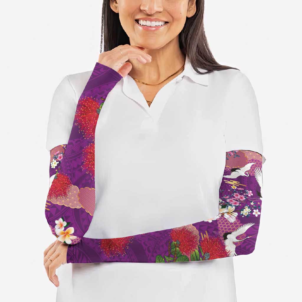 Hawaiian and Japanese Culture Together Arm Sleeves Purple Ohia Lehua Plumeria and Sakura Blooming LT03 - Polynesian Pride