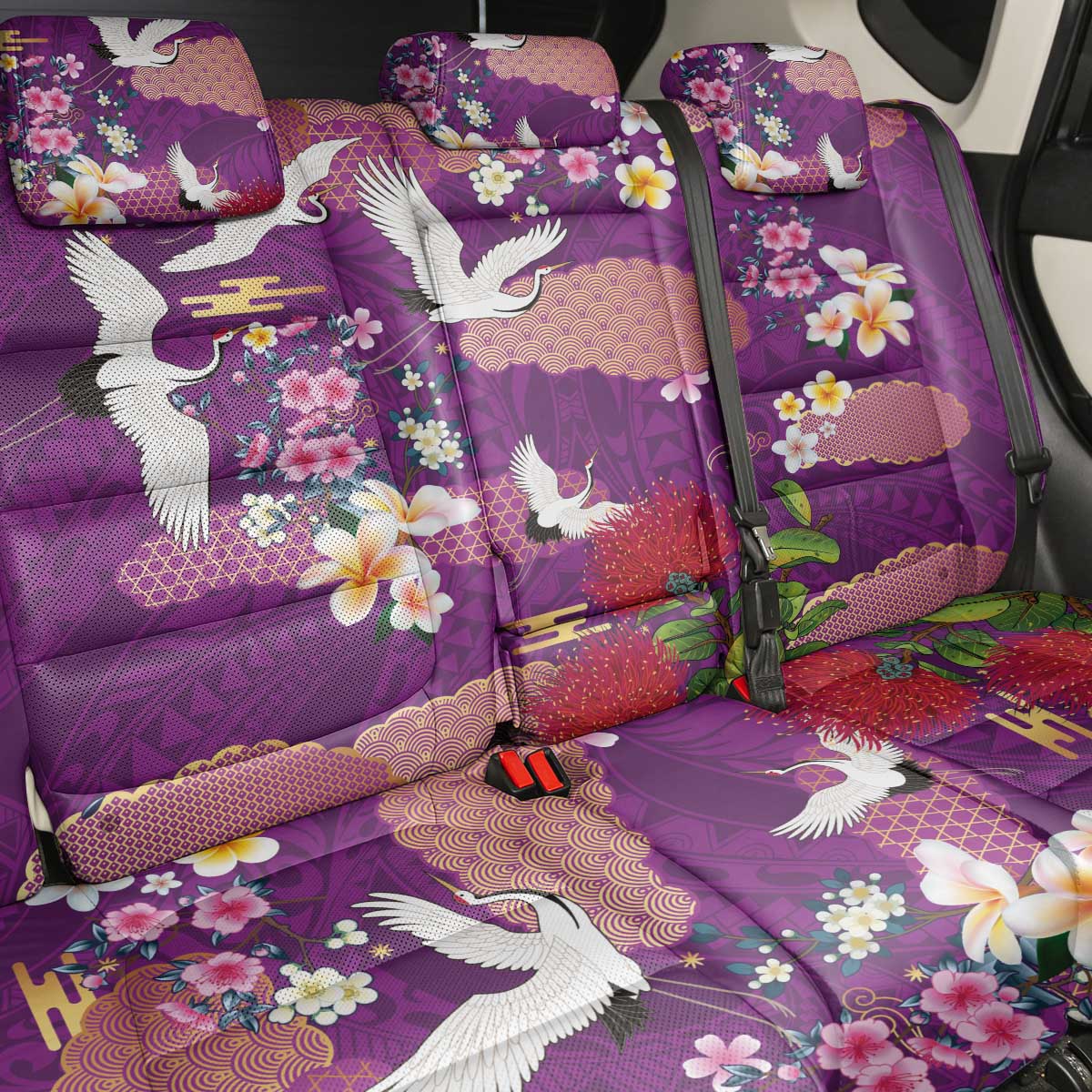 Hawaiian and Japanese Culture Together Back Car Seat Cover Purple Ohia Lehua Plumeria and Sakura Blooming LT03 - Polynesian Pride