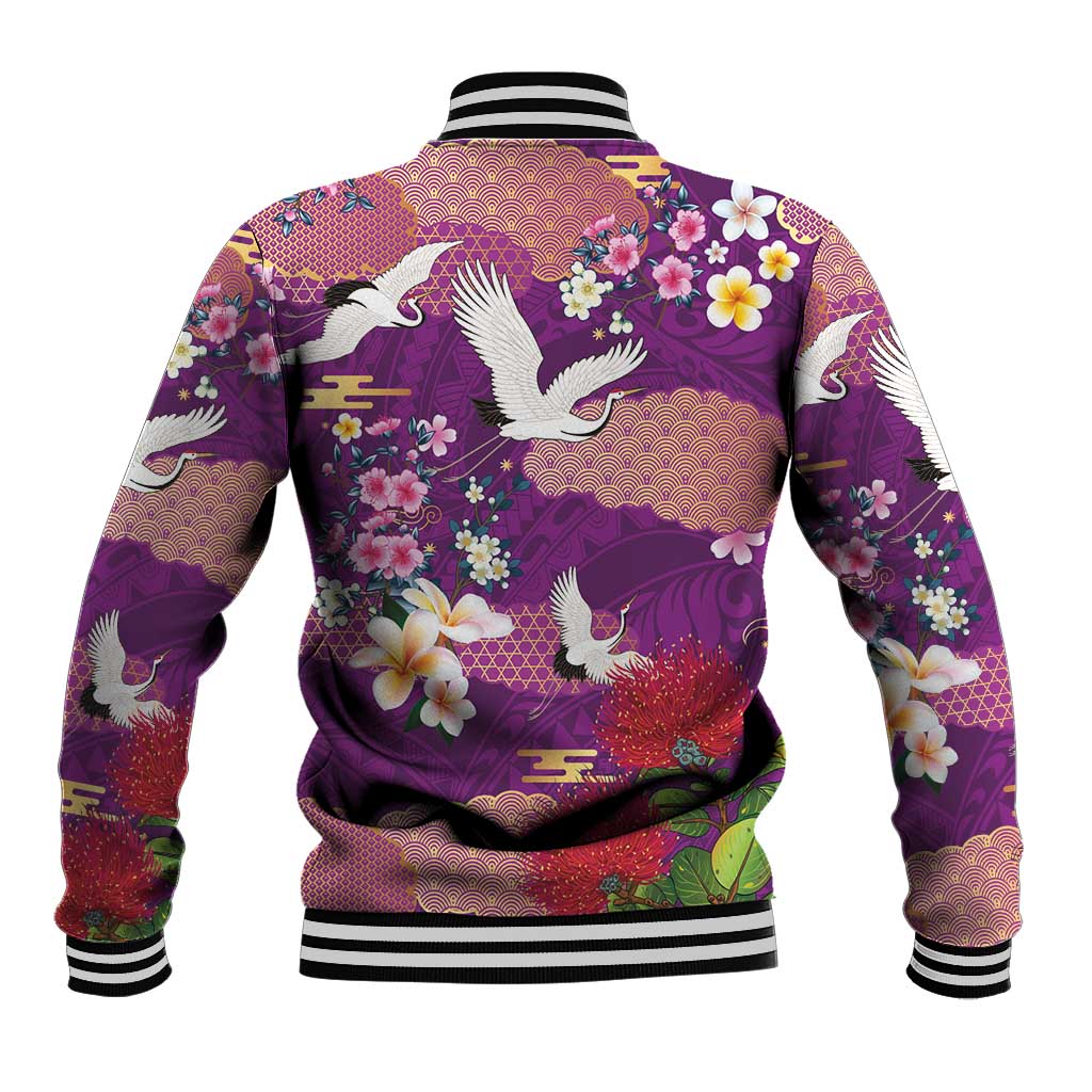Hawaiian and Japanese Culture Together Baseball Jacket Purple Ohia Lehua Plumeria and Sakura Blooming LT03 - Polynesian Pride