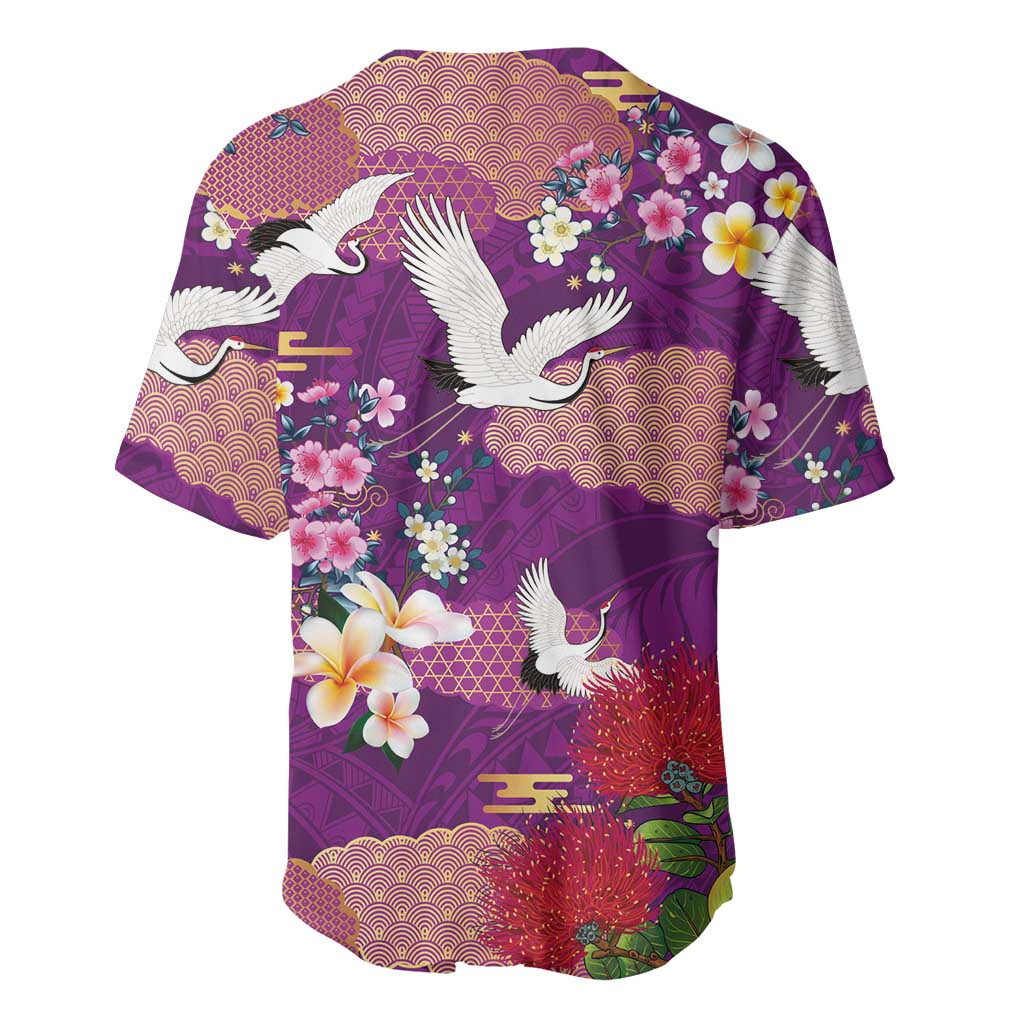 Hawaiian and Japanese Culture Together Baseball Jersey Purple Ohia Lehua Plumeria and Sakura Blooming LT03 - Polynesian Pride