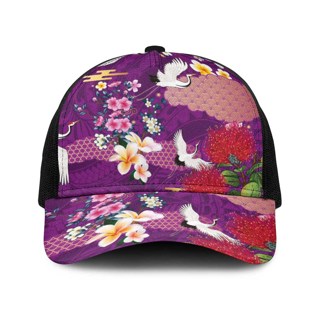 Hawaiian and Japanese Culture Together Baseball Net Cap Purple Ohia Lehua Plumeria and Sakura Blooming LT03 One Size Black Purple - Polynesian Pride