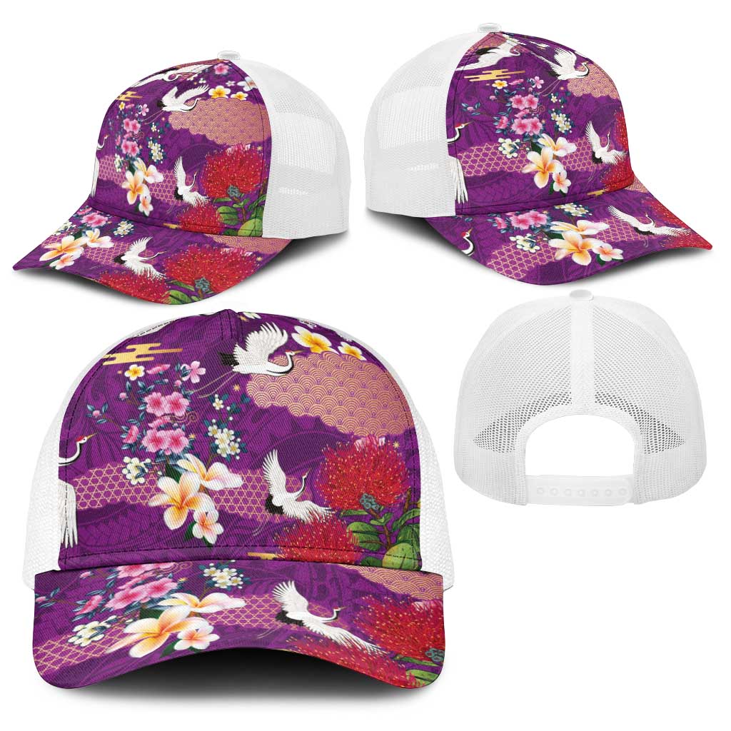 Hawaiian and Japanese Culture Together Baseball Net Cap Purple Ohia Lehua Plumeria and Sakura Blooming LT03 - Polynesian Pride