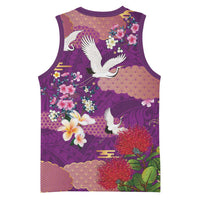 Hawaiian and Japanese Culture Together Basketball Jersey Purple Ohia Lehua Plumeria and Sakura Blooming LT03 - Polynesian Pride