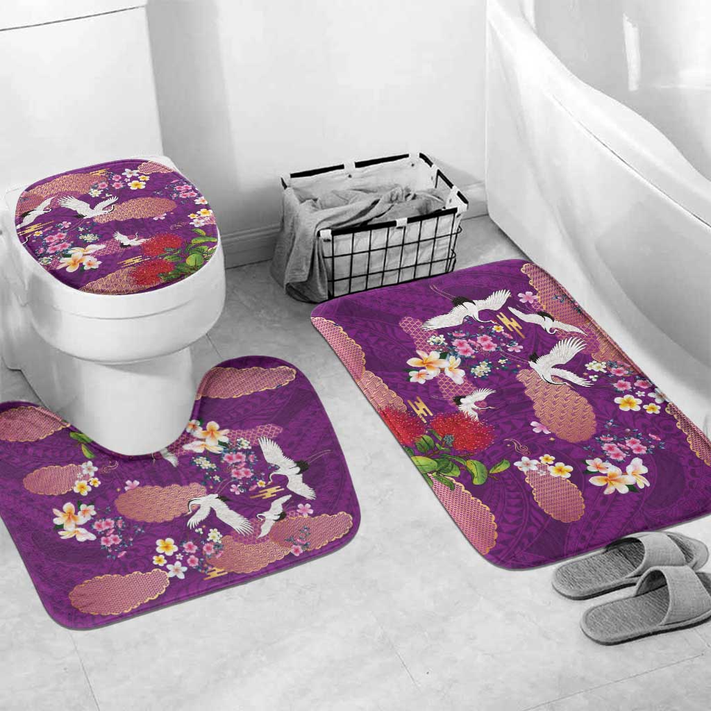 Hawaiian and Japanese Culture Together Bathroom Set Purple Ohia Lehua Plumeria and Sakura Blooming LT03 Mat Set Only (3 pcs) One Size Purple - Polynesian Pride