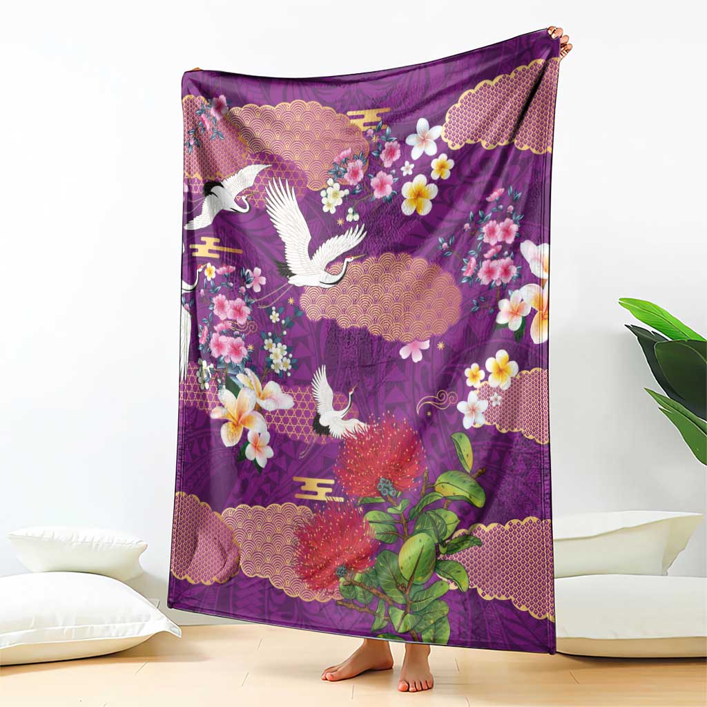 Hawaiian and Japanese Culture Together Blanket Purple Ohia Lehua Plumeria and Sakura Blooming LT03 - Polynesian Pride