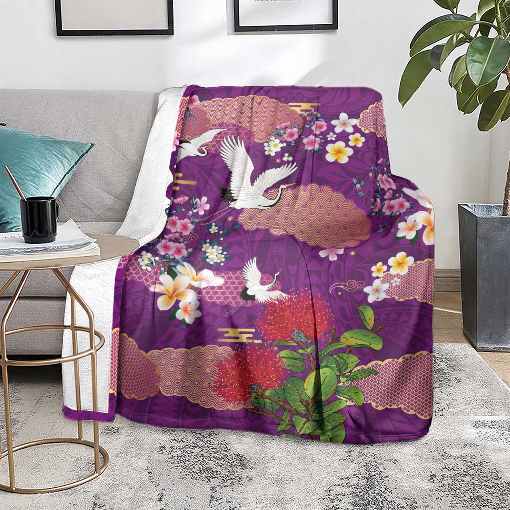 Hawaiian and Japanese Culture Together Blanket Purple Ohia Lehua Plumeria and Sakura Blooming LT03 - Polynesian Pride