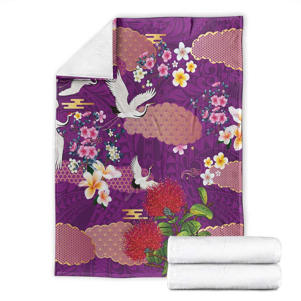 Hawaiian and Japanese Culture Together Blanket Purple Ohia Lehua Plumeria and Sakura Blooming LT03 - Polynesian Pride