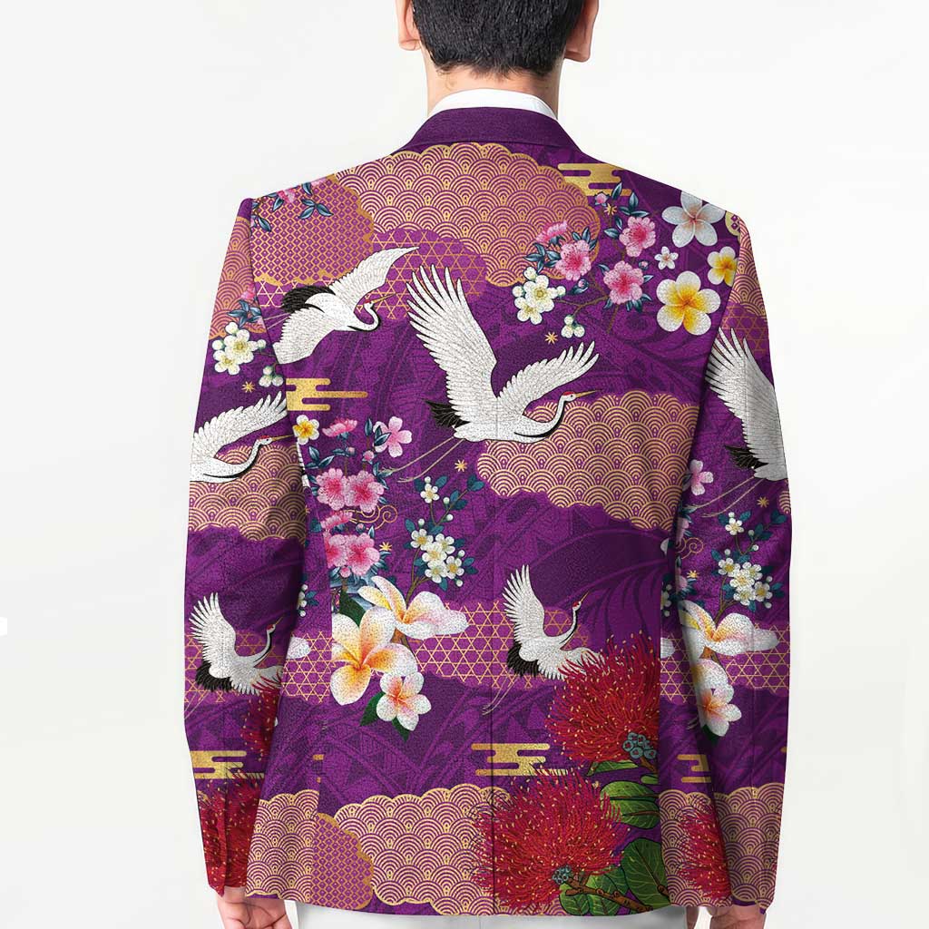 Hawaiian and Japanese Culture Together Blazer Purple Ohia Lehua Plumeria and Sakura Blooming LT03 - Polynesian Pride
