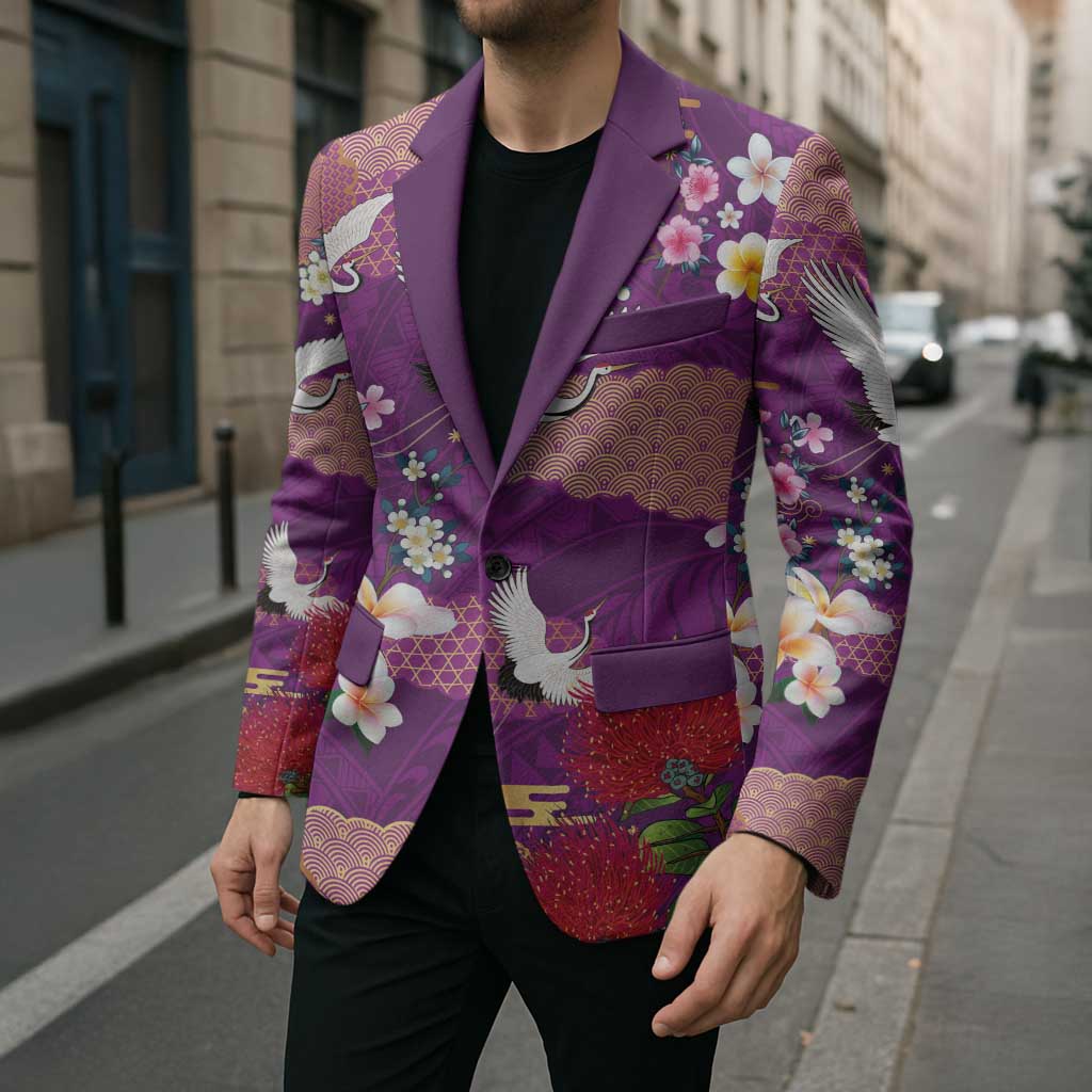 Hawaiian and Japanese Culture Together Blazer Purple Ohia Lehua Plumeria and Sakura Blooming LT03 - Polynesian Pride