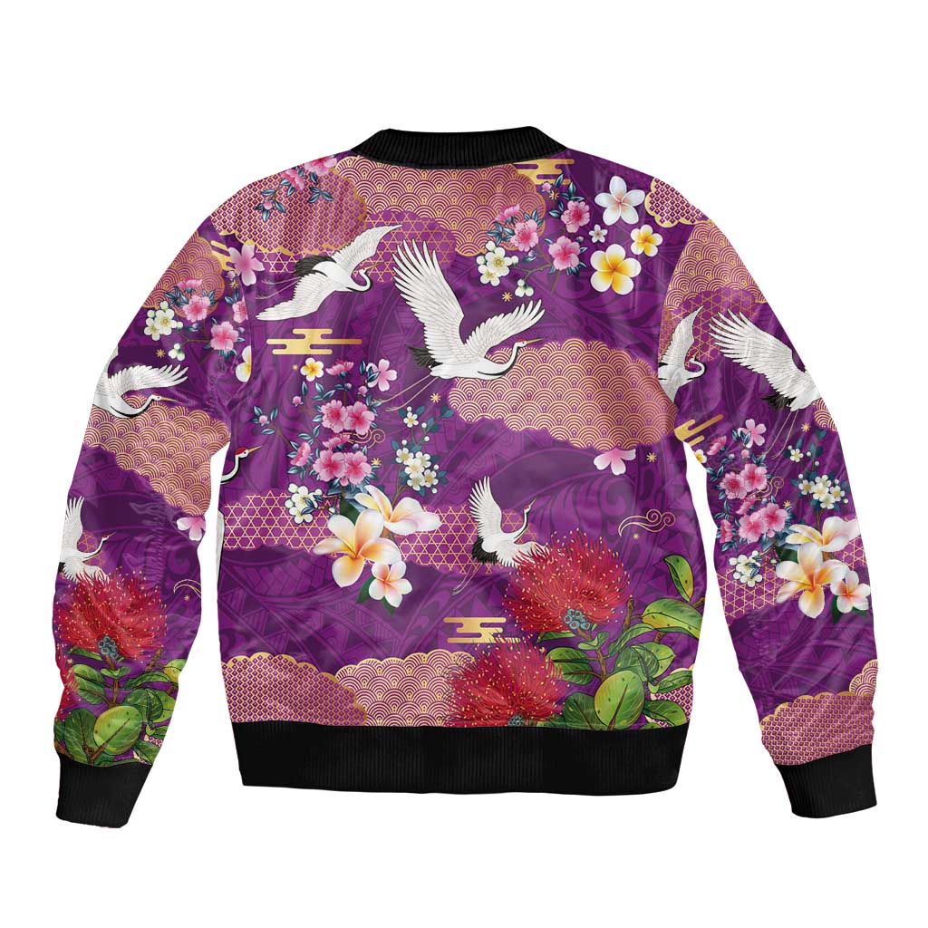 Hawaiian and Japanese Culture Together Bomber Jacket Purple Ohia Lehua Plumeria and Sakura Blooming LT03 - Polynesian Pride