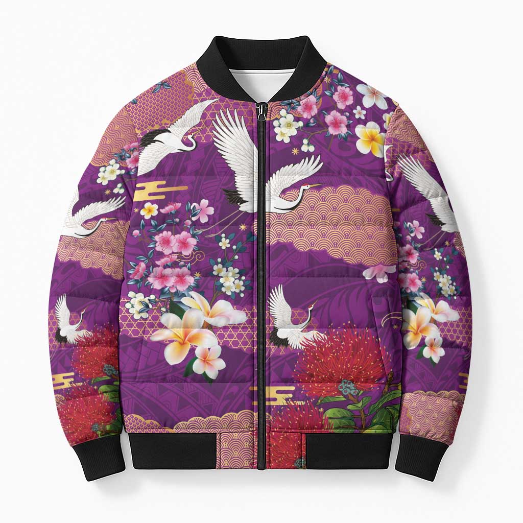 Hawaiian and Japanese Culture Together Bomber Puffer Jacket Purple Ohia Lehua Plumeria and Sakura Blooming LT03 Unisex Purple - Polynesian Pride