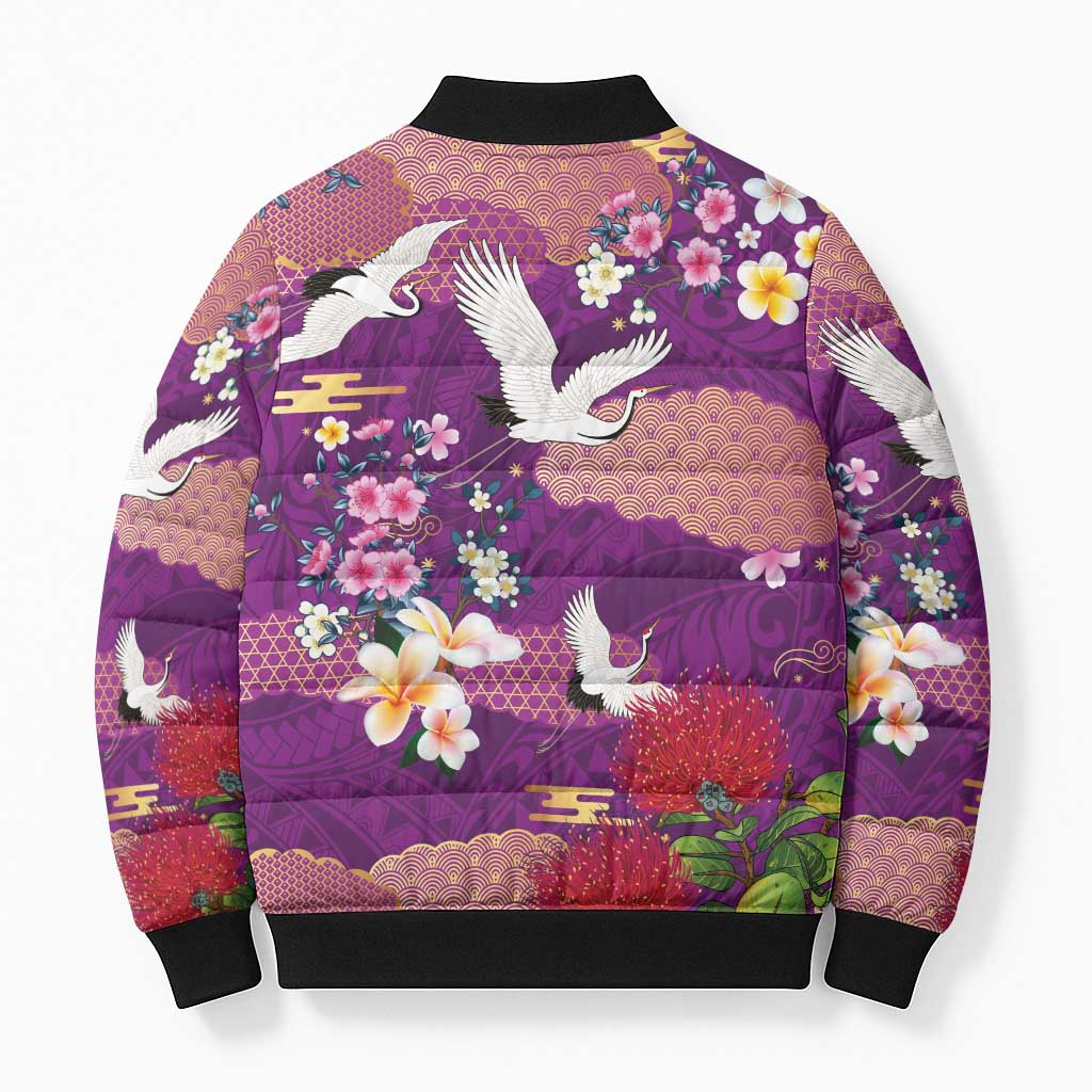 Hawaiian and Japanese Culture Together Bomber Puffer Jacket Purple Ohia Lehua Plumeria and Sakura Blooming LT03 - Polynesian Pride