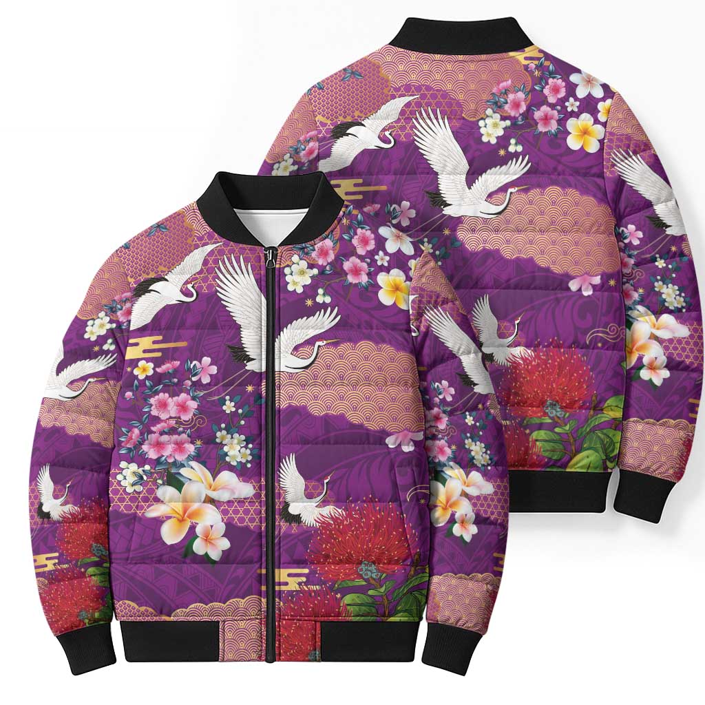 Hawaiian and Japanese Culture Together Bomber Puffer Jacket Purple Ohia Lehua Plumeria and Sakura Blooming LT03 - Polynesian Pride