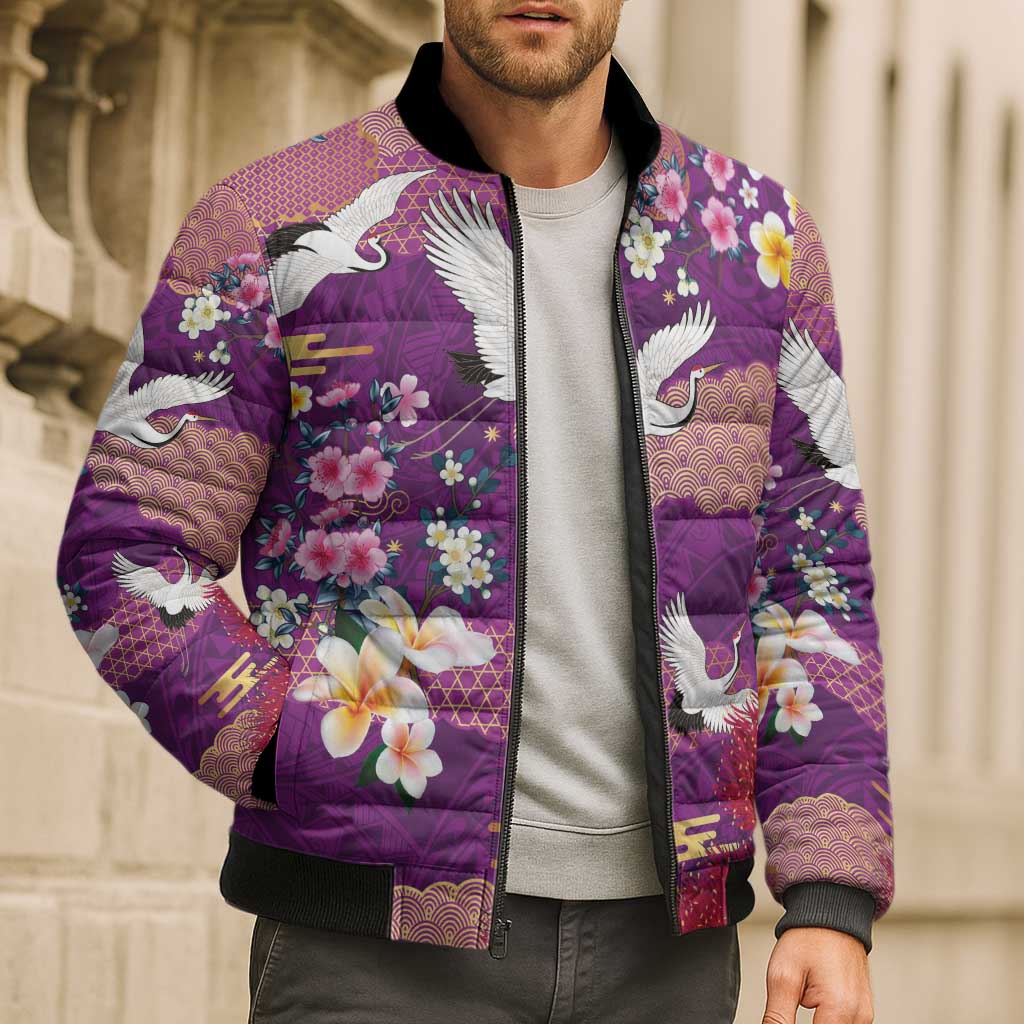 Hawaiian and Japanese Culture Together Bomber Puffer Jacket Purple Ohia Lehua Plumeria and Sakura Blooming LT03 - Polynesian Pride