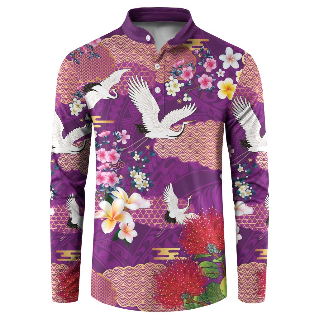 Hawaiian and Japanese Culture Together Button Sweatshirt Purple Ohia Lehua Plumeria and Sakura Blooming LT03 Purple - Polynesian Pride