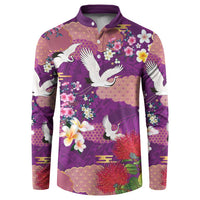 Hawaiian and Japanese Culture Together Button Sweatshirt Purple Ohia Lehua Plumeria and Sakura Blooming LT03 Purple - Polynesian Pride