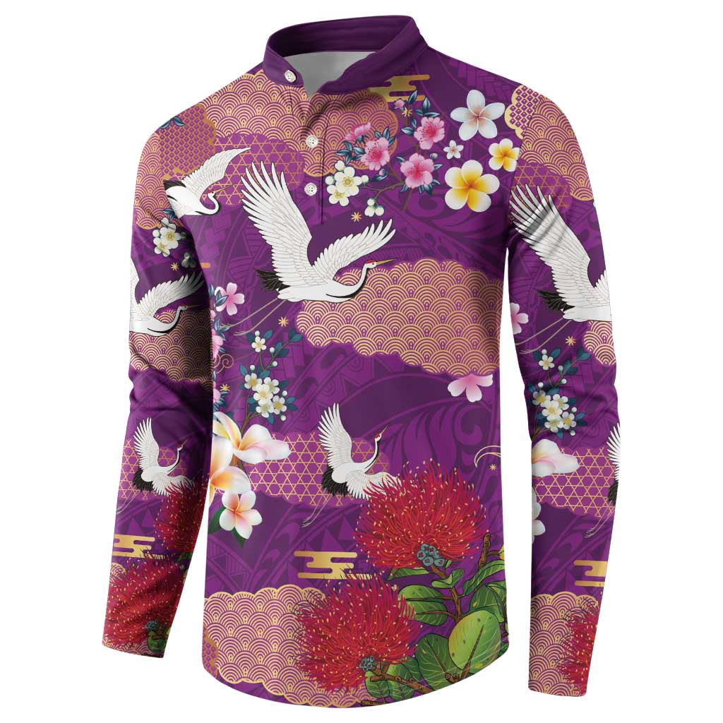 Hawaiian and Japanese Culture Together Button Sweatshirt Purple Ohia Lehua Plumeria and Sakura Blooming LT03 - Polynesian Pride