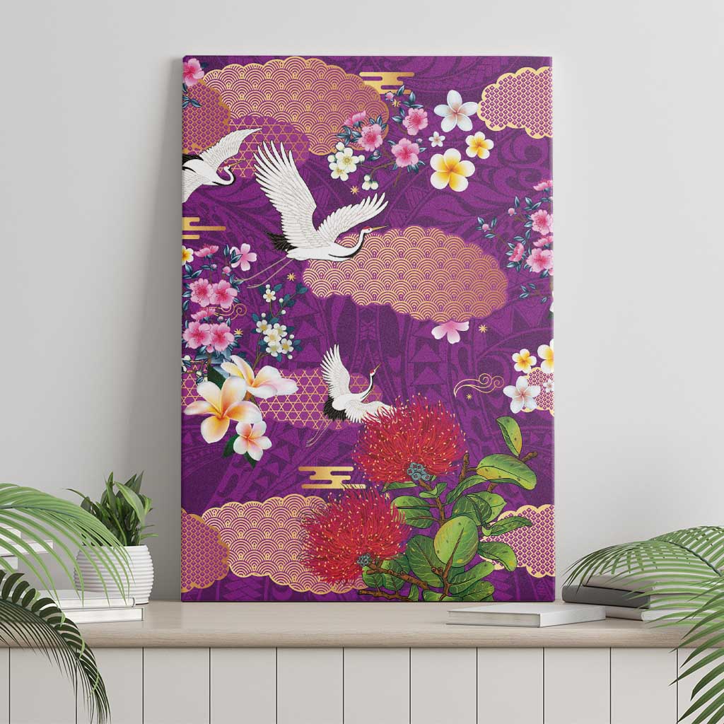 Hawaiian and Japanese Culture Together Canvas Wall Art Purple Ohia Lehua Plumeria and Sakura Blooming LT03 - Polynesian Pride