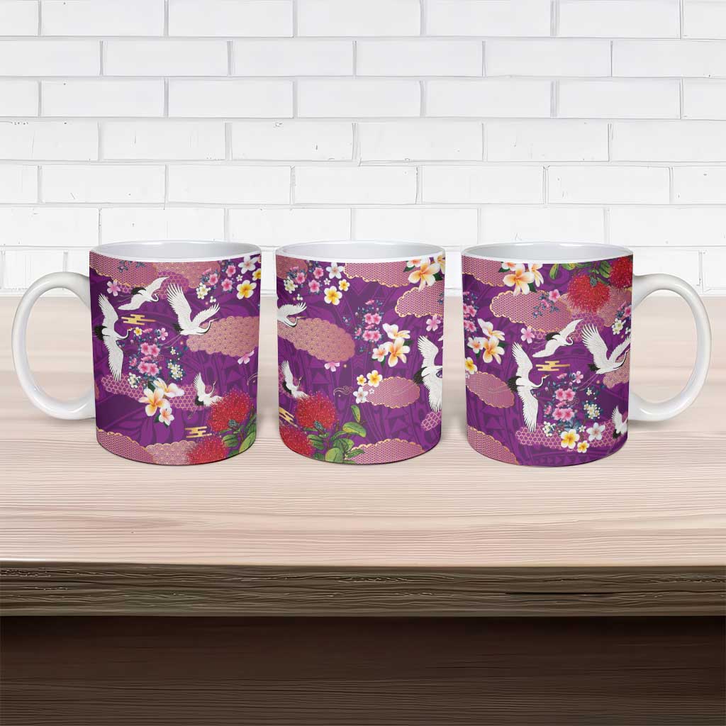 Hawaiian and Japanese Culture Together Ceramic Mug Purple Ohia Lehua Plumeria and Sakura Blooming LT03 - Polynesian Pride