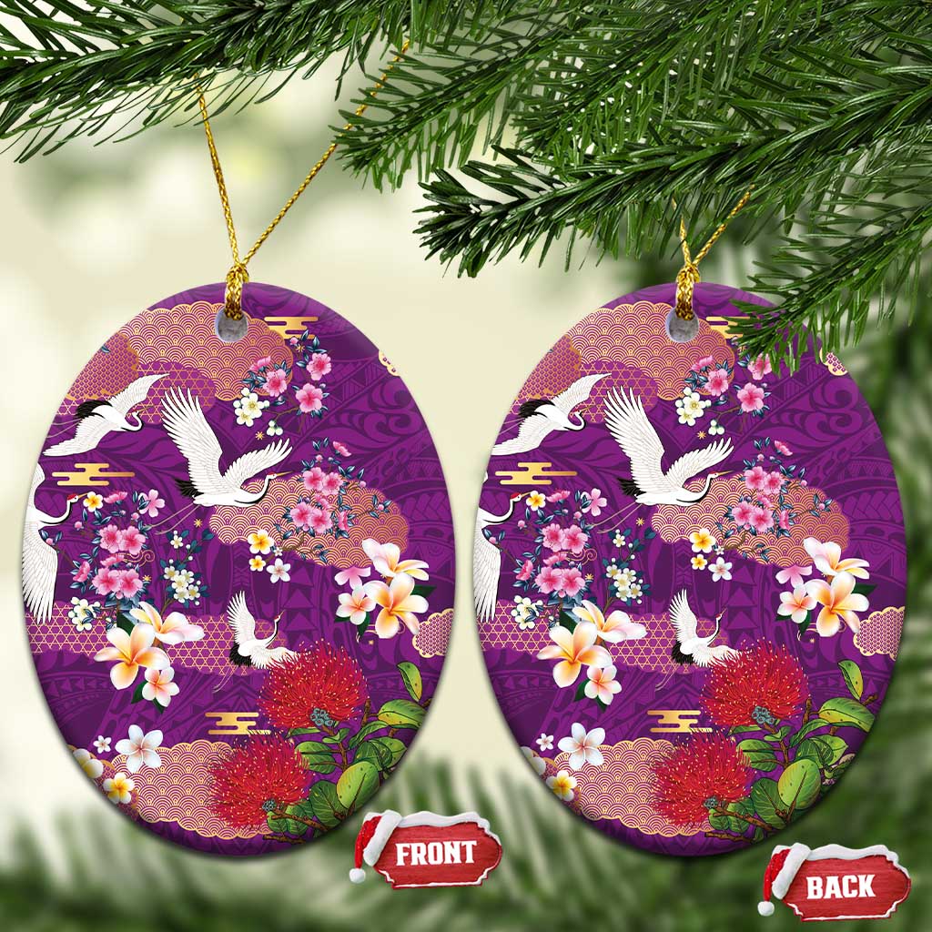 Hawaiian and Japanese Culture Together Ceramic Ornament Purple Ohia Lehua Plumeria and Sakura Blooming LT03 Oval Purple - Polynesian Pride