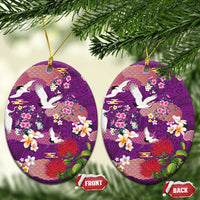 Hawaiian and Japanese Culture Together Ceramic Ornament Purple Ohia Lehua Plumeria and Sakura Blooming LT03 Oval Purple - Polynesian Pride