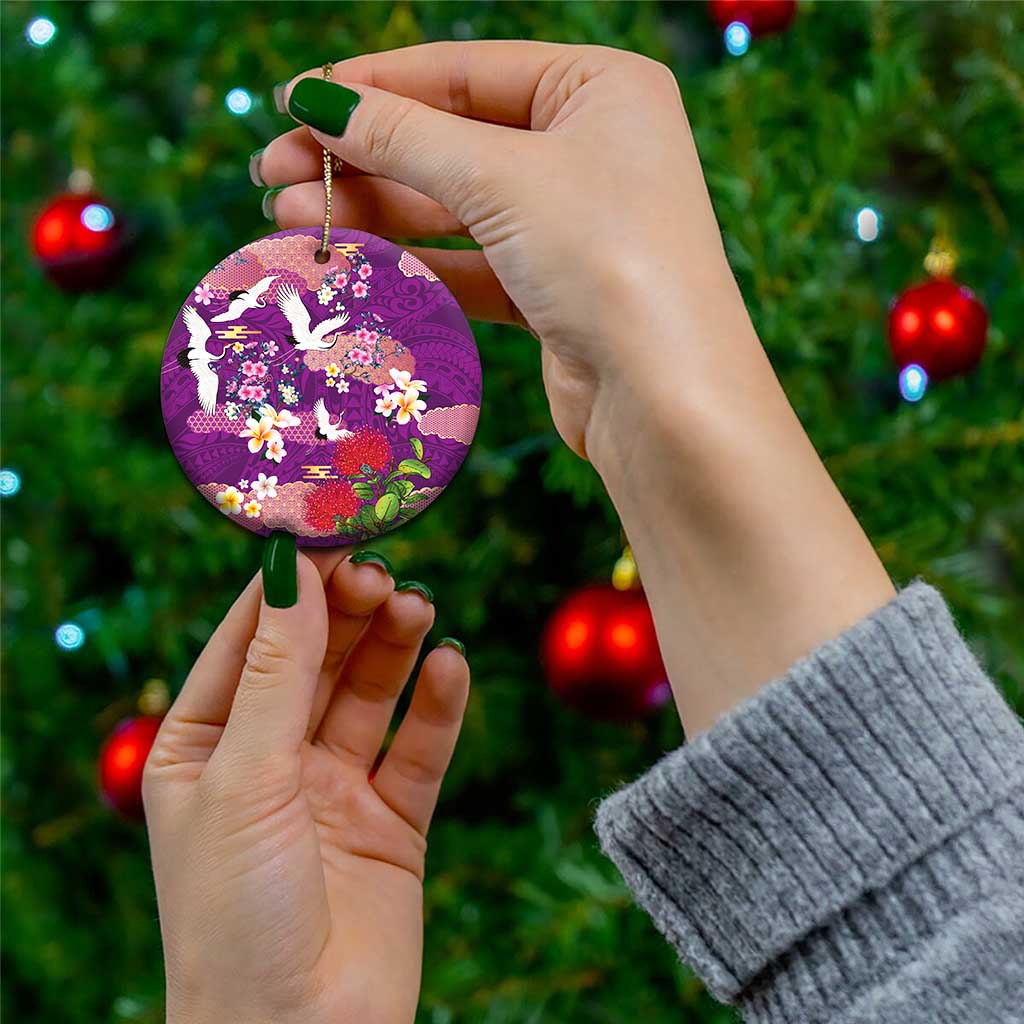 Hawaiian and Japanese Culture Together Ceramic Ornament Purple Ohia Lehua Plumeria and Sakura Blooming LT03 - Polynesian Pride