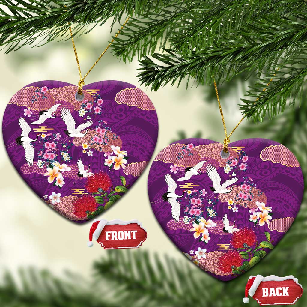 Hawaiian and Japanese Culture Together Ceramic Ornament Purple Ohia Lehua Plumeria and Sakura Blooming LT03 Heart Purple - Polynesian Pride