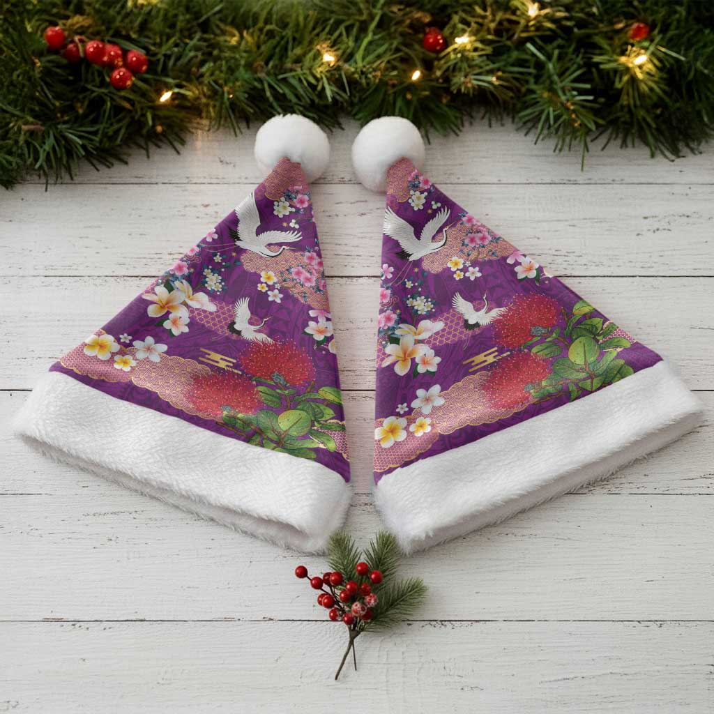Hawaiian and Japanese Culture Together Christmas Santa Hat Purple Ohia Lehua Plumeria and Sakura Blooming LT03 - Polynesian Pride