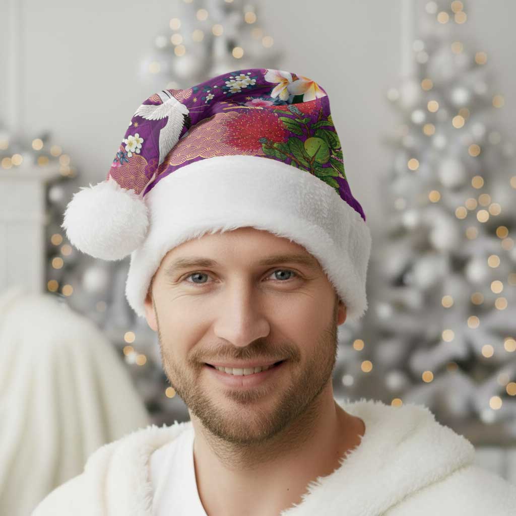 Hawaiian and Japanese Culture Together Christmas Santa Hat Purple Ohia Lehua Plumeria and Sakura Blooming LT03 - Polynesian Pride