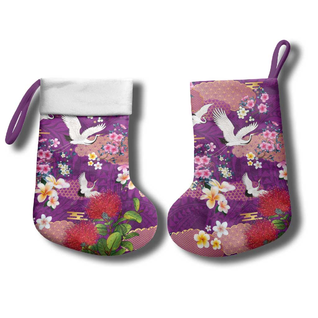 Hawaiian and Japanese Culture Together Christmas Stocking Purple Ohia Lehua Plumeria and Sakura Blooming LT03 - Polynesian Pride