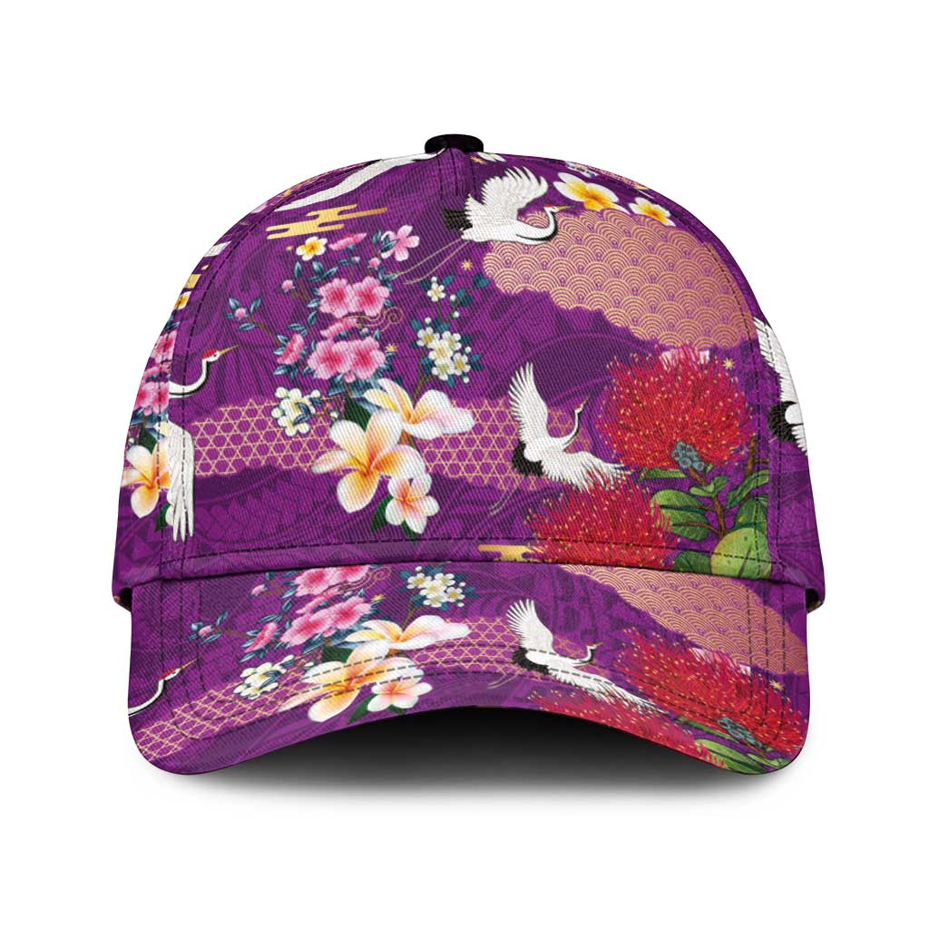 Hawaiian and Japanese Culture Together Classic Cap Purple Ohia Lehua Plumeria and Sakura Blooming LT03 Universal Fit Purple - Polynesian Pride
