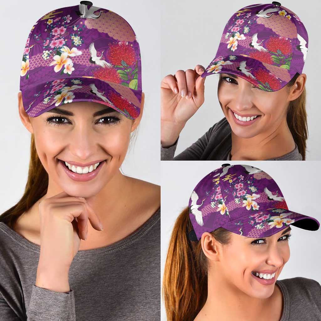 Hawaiian and Japanese Culture Together Classic Cap Purple Ohia Lehua Plumeria and Sakura Blooming LT03 - Polynesian Pride