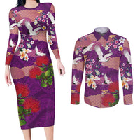 Hawaiian and Japanese Culture Together Couples Matching Long Sleeve Bodycon Dress and Long Sleeve Button Shirt Purple Ohia Lehua Plumeria and Sakura Blooming LT03 Purple - Polynesian Pride