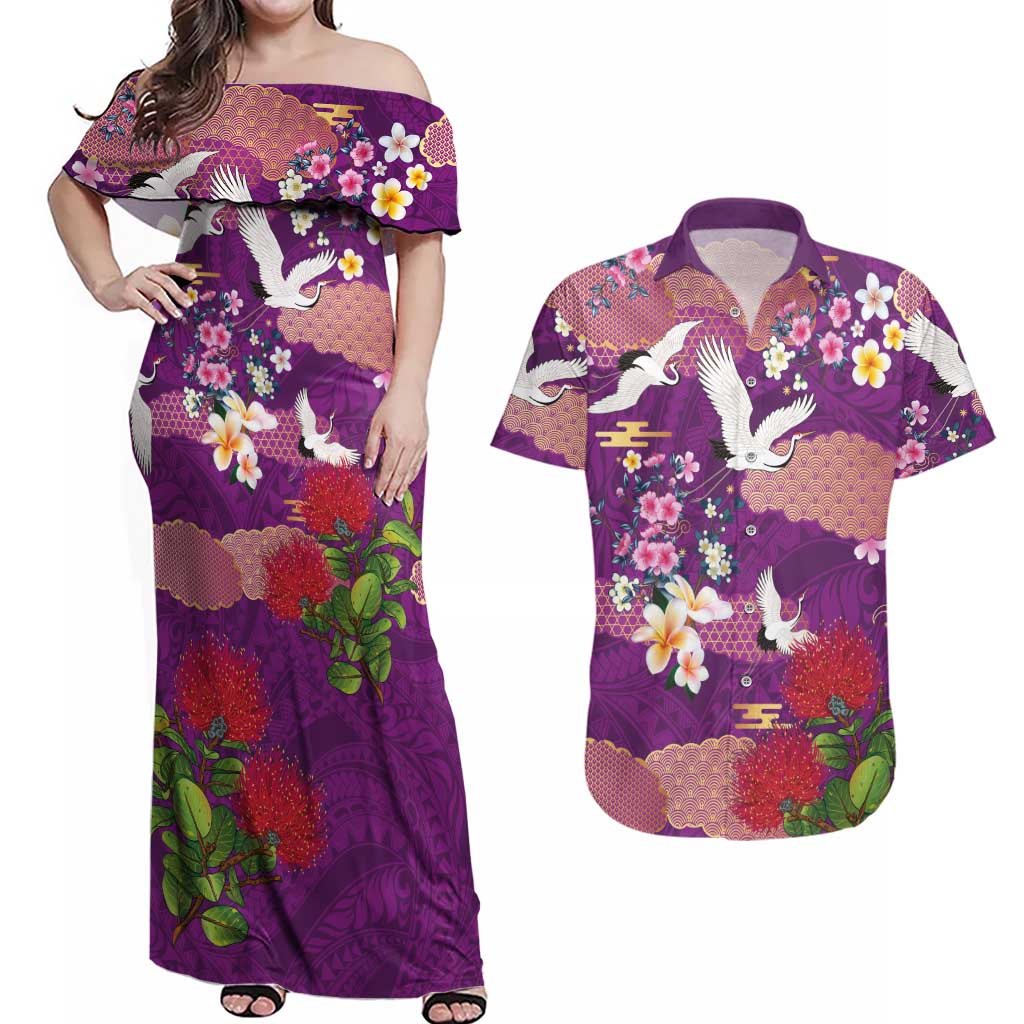 Hawaiian and Japanese Culture Together Couples Matching Off Shoulder Maxi Dress and Hawaiian Shirt Purple Ohia Lehua Plumeria and Sakura Blooming - Polynesian Pride