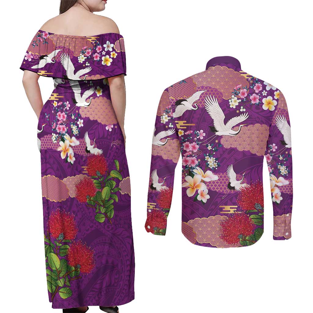 Hawaiian and Japanese Culture Together Couples Matching Off Shoulder Maxi Dress and Long Sleeve Button Shirt Purple Ohia Lehua Plumeria and Sakura Blooming LT03 - Polynesian Pride