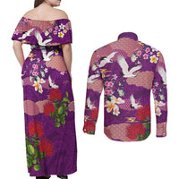 Hawaiian and Japanese Culture Together Couples Matching Off Shoulder Maxi Dress and Long Sleeve Button Shirt Purple Ohia Lehua Plumeria and Sakura Blooming LT03 - Polynesian Pride