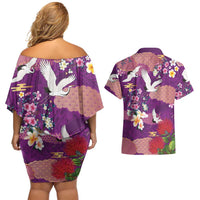 Hawaiian and Japanese Culture Together Couples Matching Off Shoulder Short Dress and Hawaiian Shirt Purple Ohia Lehua Plumeria and Sakura Blooming LT03 - Polynesian Pride