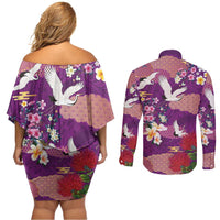 Hawaiian and Japanese Culture Together Couples Matching Off Shoulder Short Dress and Long Sleeve Button Shirt Purple Ohia Lehua Plumeria and Sakura Blooming LT03 - Polynesian Pride