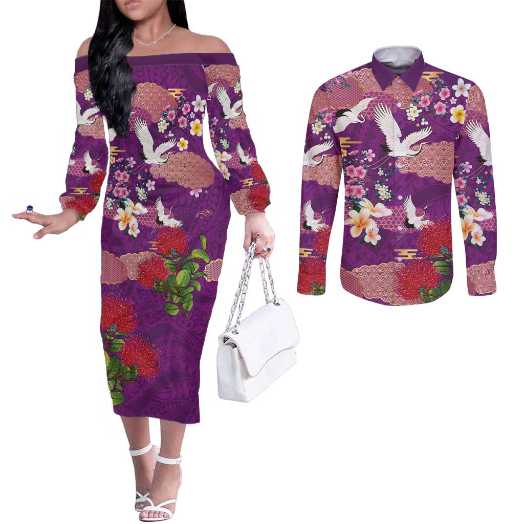 Hawaiian and Japanese Culture Together Couples Matching Off The Shoulder Long Sleeve Dress and Long Sleeve Button Shirt Purple Ohia Lehua Plumeria and Sakura Blooming LT03 Purple - Polynesian Pride