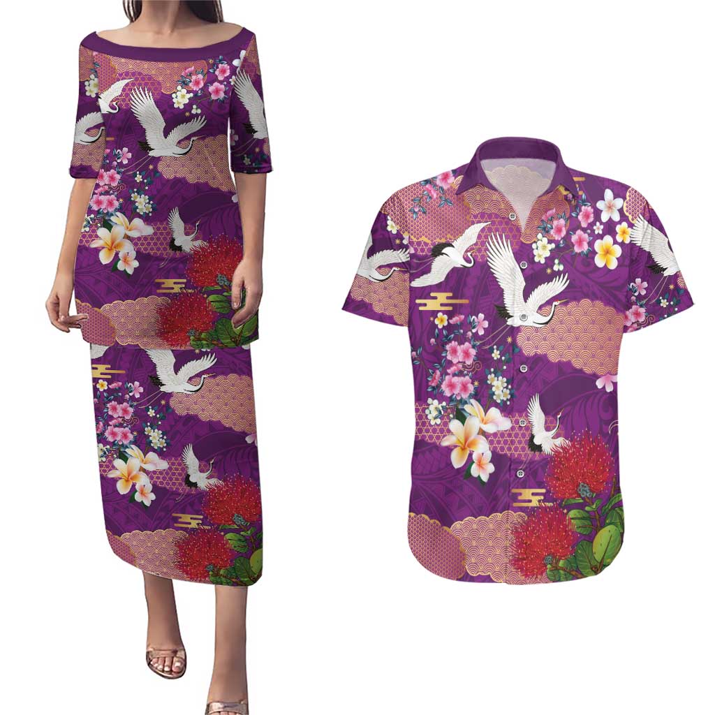 Hawaiian and Japanese Culture Together Couples Matching Puletasi and Hawaiian Shirt Purple Ohia Lehua Plumeria and Sakura Blooming LT03 Purple - Polynesian Pride