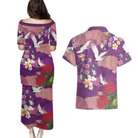 Hawaiian and Japanese Culture Together Couples Matching Puletasi and Hawaiian Shirt Purple Ohia Lehua Plumeria and Sakura Blooming LT03 - Polynesian Pride