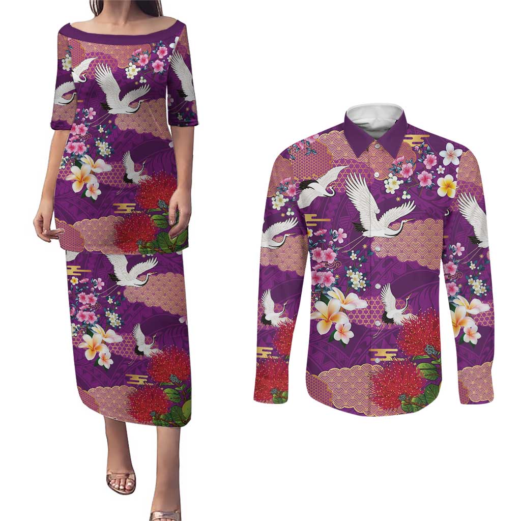 Hawaiian and Japanese Culture Together Couples Matching Puletasi and Long Sleeve Button Shirt Purple Ohia Lehua Plumeria and Sakura Blooming - Polynesian Pride