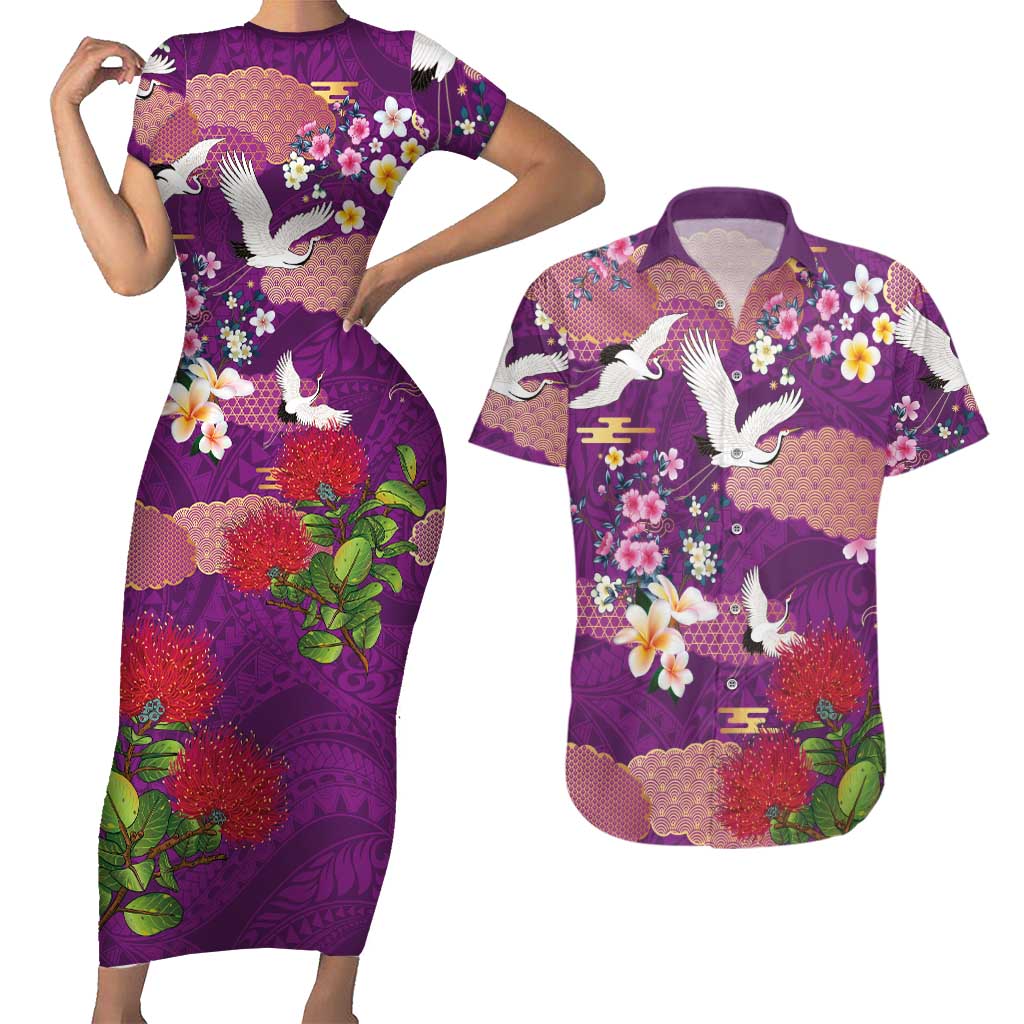 Hawaiian and Japanese Culture Together Couples Matching Short Sleeve Bodycon Dress and Hawaiian Shirt Purple Ohia Lehua Plumeria and Sakura Blooming LT03 Purple - Polynesian Pride