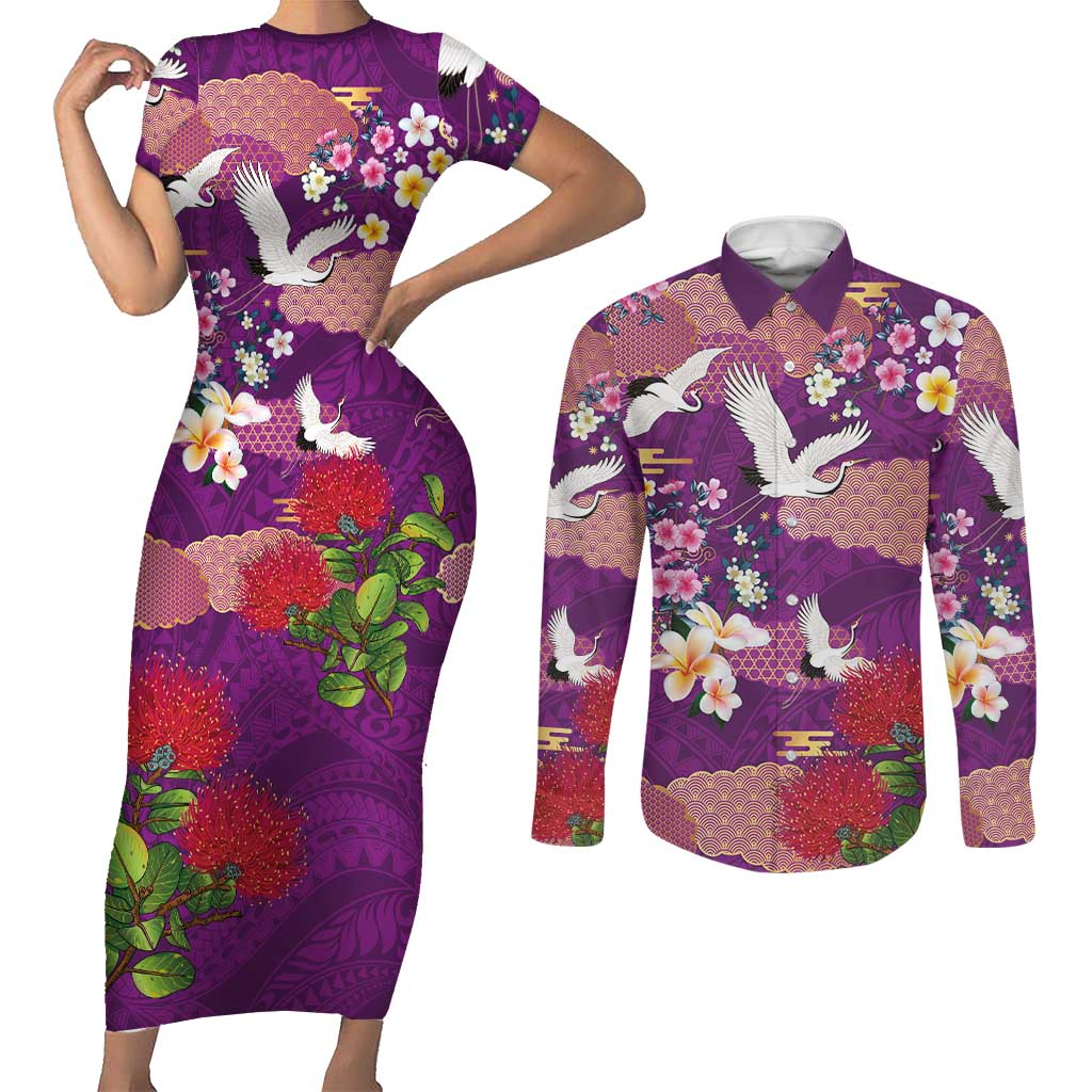 Hawaiian and Japanese Culture Together Couples Matching Short Sleeve Bodycon Dress and Long Sleeve Button Shirt Purple Ohia Lehua Plumeria and Sakura Blooming LT03 Purple - Polynesian Pride