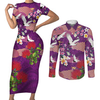 Hawaiian and Japanese Culture Together Couples Matching Short Sleeve Bodycon Dress and Long Sleeve Button Shirt Purple Ohia Lehua Plumeria and Sakura Blooming LT03 Purple - Polynesian Pride
