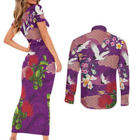 Hawaiian and Japanese Culture Together Couples Matching Short Sleeve Bodycon Dress and Long Sleeve Button Shirt Purple Ohia Lehua Plumeria and Sakura Blooming LT03 - Polynesian Pride