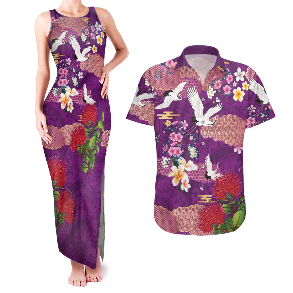 Hawaiian and Japanese Culture Together Couples Matching Tank Maxi Dress and Hawaiian Shirt Purple Ohia Lehua Plumeria and Sakura Blooming - Polynesian Pride