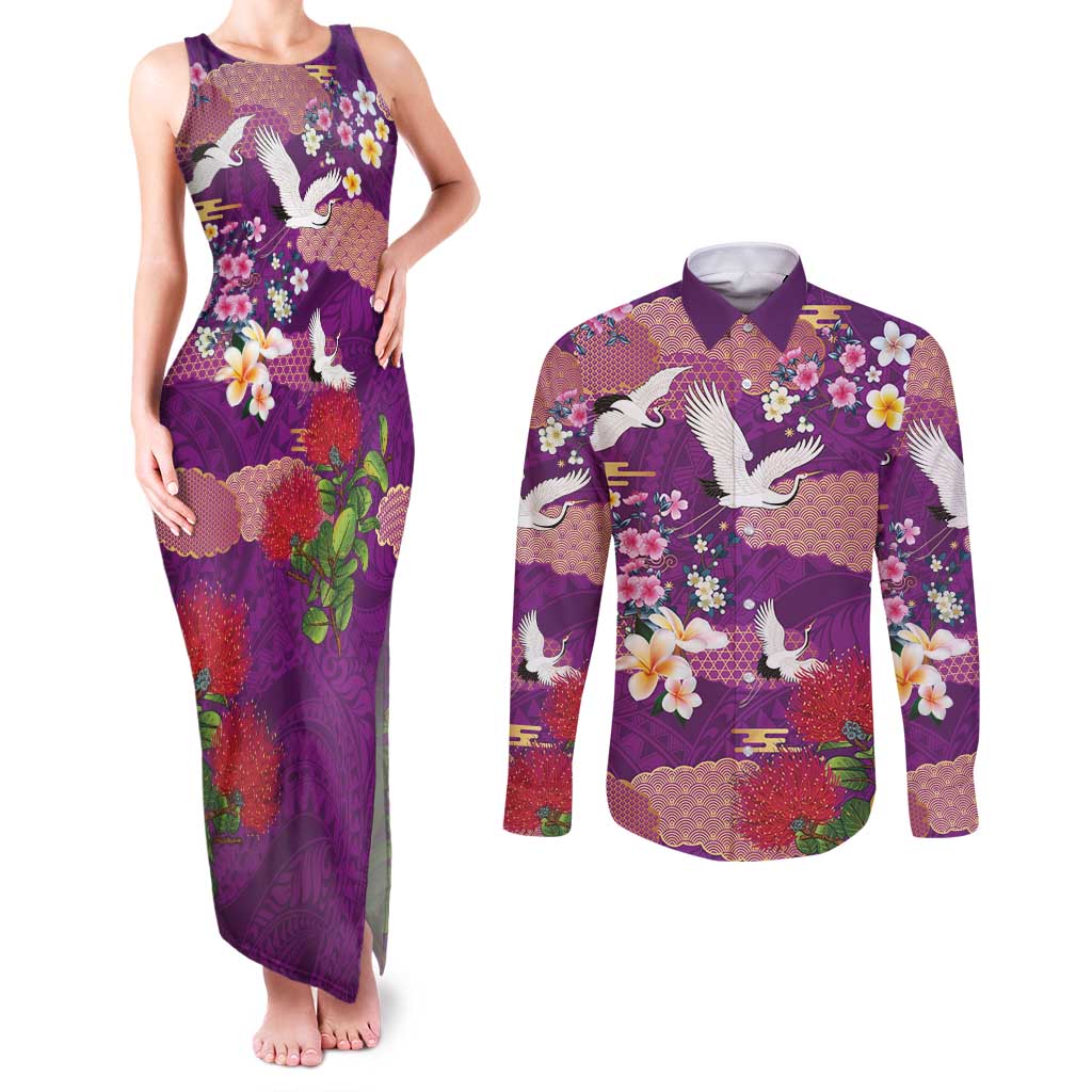 Hawaiian and Japanese Culture Together Couples Matching Tank Maxi Dress and Long Sleeve Button Shirt Purple Ohia Lehua Plumeria and Sakura Blooming LT03 Purple - Polynesian Pride