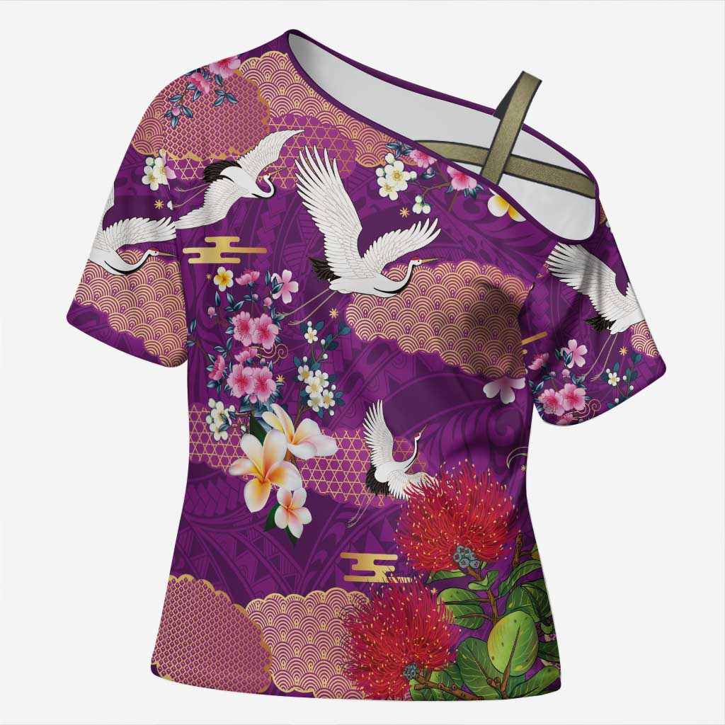 Hawaiian and Japanese Culture Together Cross Shoulder Shirt Purple Ohia Lehua Plumeria and Sakura Blooming - Polynesian Pride